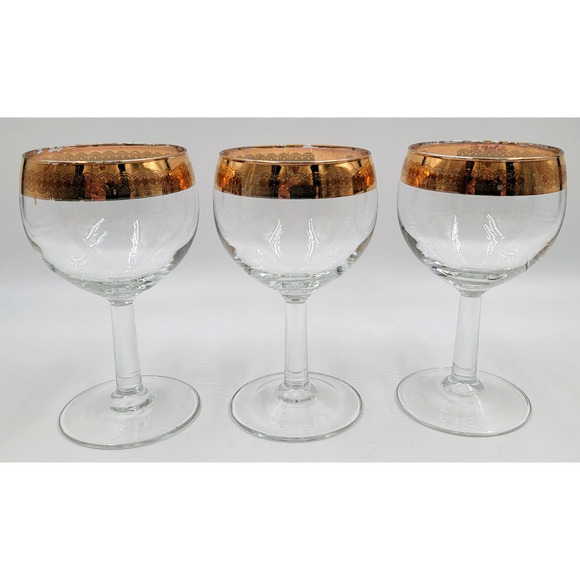Wine Glasses Gold Trim Scrolling Pattern 5 1/8" France Lot of 3 - Picture 5 of 6